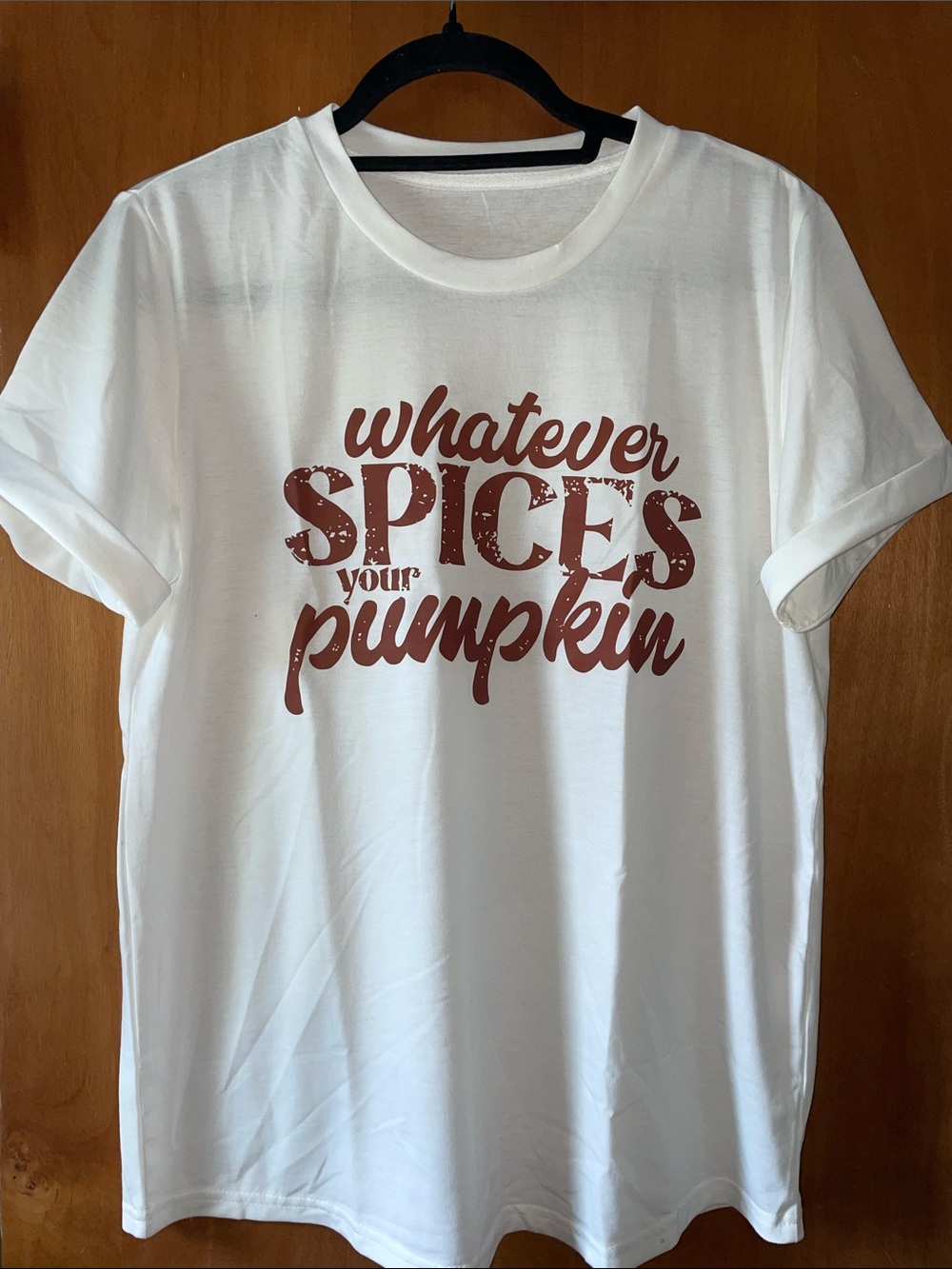 White Tee with Brown 'Whatever Spices Your Pumpkin' Graphic